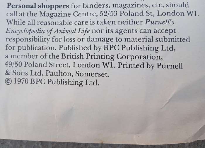 1970 Purnell's  Encyclopedia of Animal Life No81 Vol 6/1