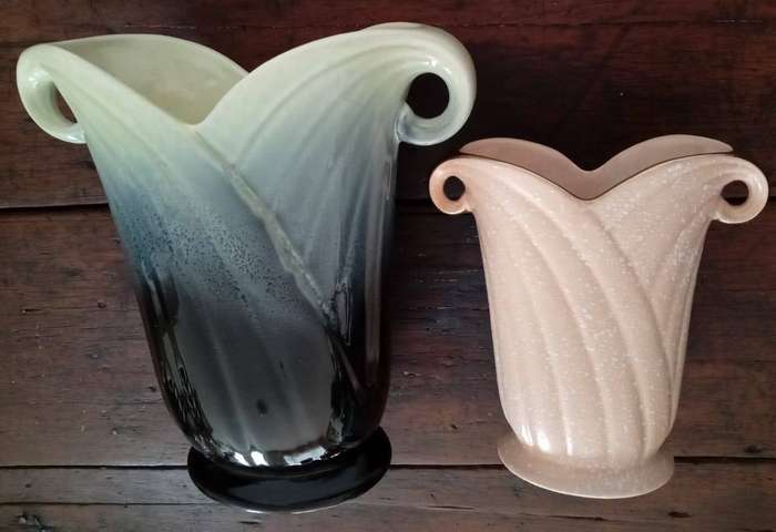 Crown Devon vases Pair of Swirl handles Design of different heights.