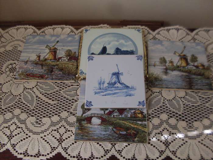 3 DUTCH COLOUR HAND PAINTED PORCELAIN TILES  2 BLUE AND WHITE