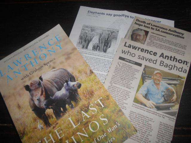 Last Rhinos,  One Man`s Battle to Save a Species - L Anthony  &  newspaper clippings - elephant man