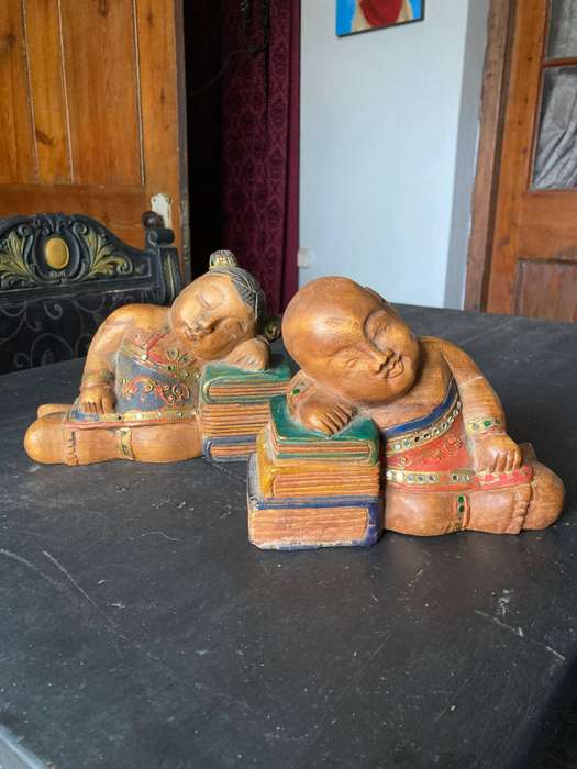 CHINESE WOODEN SCULPTURES SLEEPING BOY AND GIRL