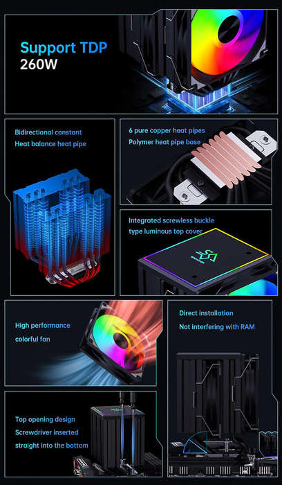 SNOWMAN MT660 - 260W, 6 Heat pipes, ARGB+PMW, CPU Cooler, Fan, Intel AMD compatibility[BLACK COLOUR]