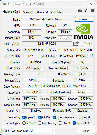 NVIDIA GeForce 8400 GS 512MB DDR2 GPU - DVI VGA PCI-E 40W Retro Gaming Graphics Card