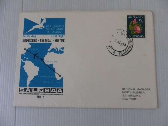 RSA (1973) - SAA #02 1st Flight JHB -Ilha Do SAL- New York Illustrated FDC