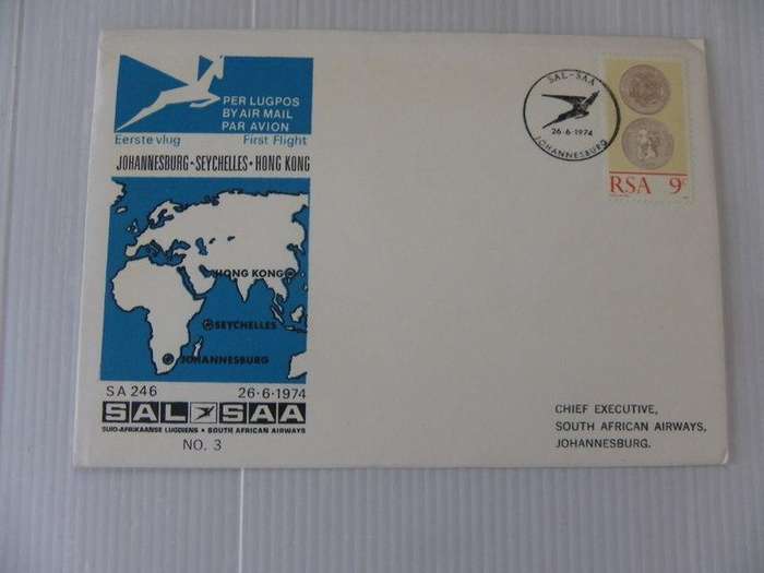 RSA (1974) - SAA #03 1st Flight JHB-Seychelles-Hong Kong Illustrated FDC