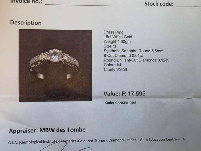15ct White Gold Dress Ring - [Value R 17,595] professional appraisal supplied