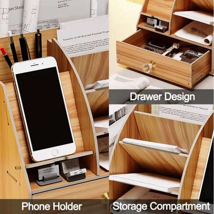 **PRE-ASSEMBLED** Wooden Desk Organiser with Cell Phone Dock and Book Compartment