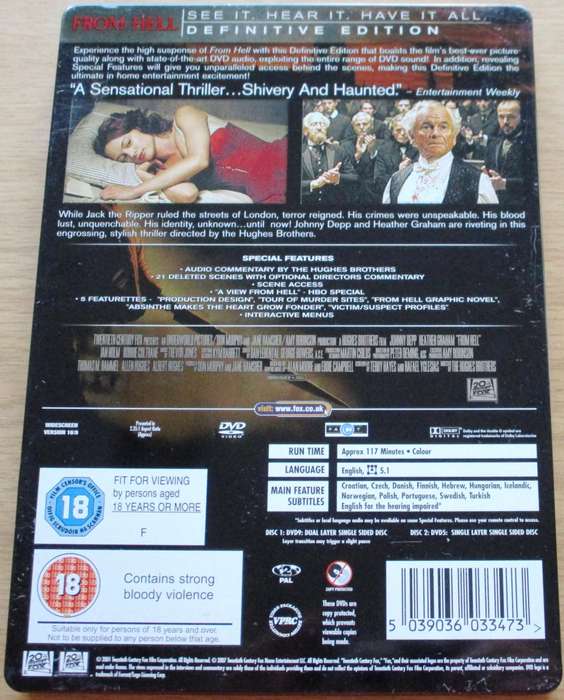 FROM HELL Johnny Depp Definitive Edition STEELBOOK2xDVD [BOX SET SHELF] Region 2