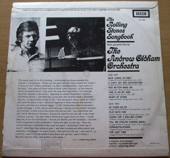THE ROLLING STONES SONGBOOK The Andrew Oldham Orchestra LP Vinyl Record