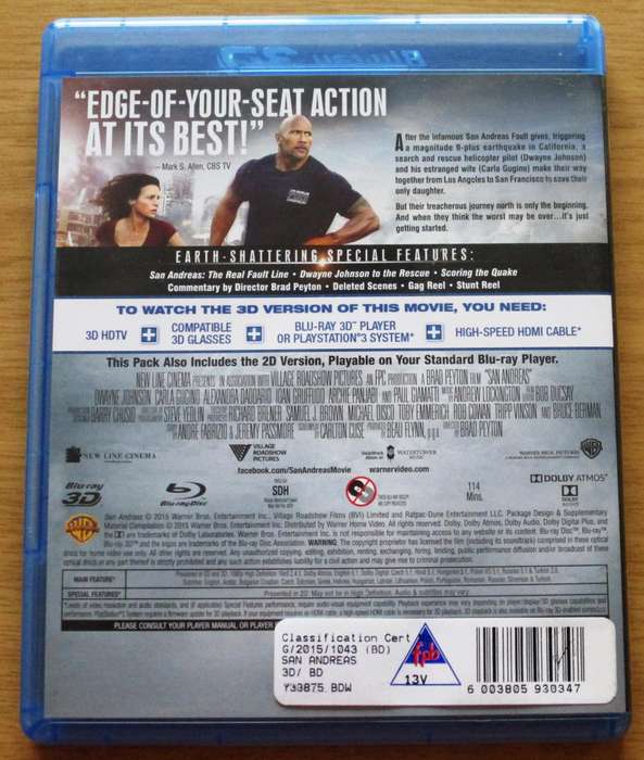 SAN ANDREAS Dwayne Johnson BLU RAY + BLU RAY 3D  [BLU RAY SHELF]