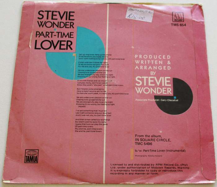 STEVIE WONDER Part Time Lover  7` Single VINYL Record