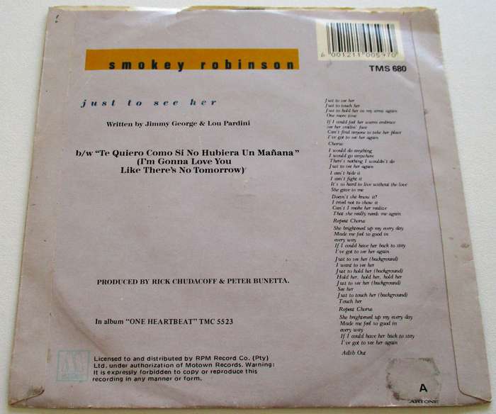 SMOKEY ROBINSON Just to See Her  7` Single VINYL Record