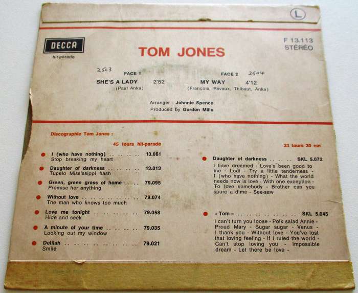 TOM JONES  She's a Lady / My Way 7` Single VINYL Record