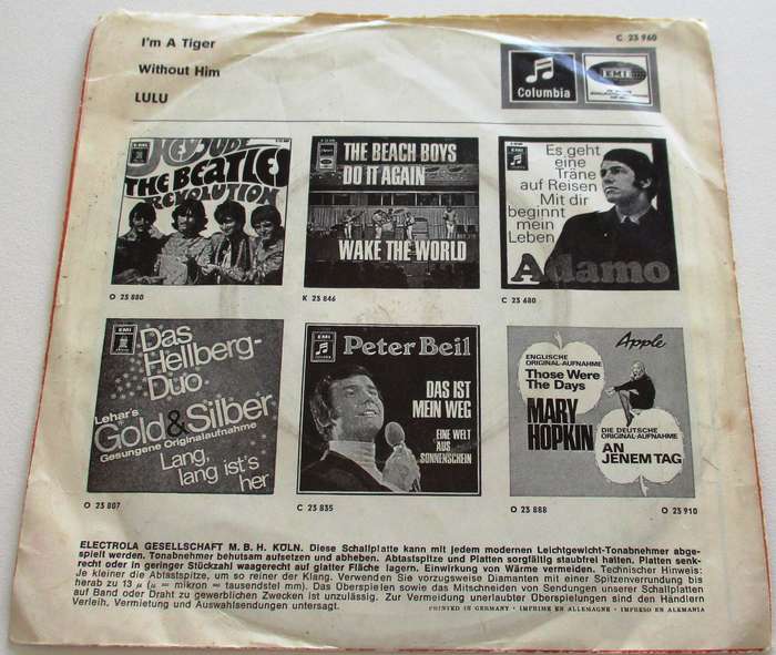 LULU I'm a Tiger / Without Him  7` Single VINYL Record