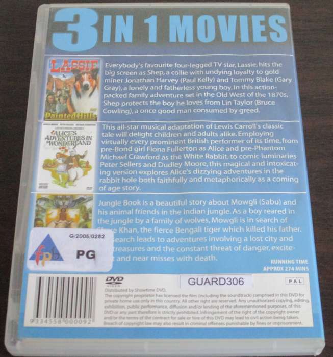 3 IN I MOVIES: Lassie's Painted Hills+Alice's Adventures in Wonderland+Jungle Book DVD [BBOX 7]