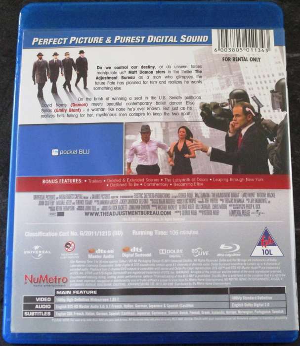 THE ADJUSTMENT BUREAU BLU RAY Matt Damon Emily Blunt