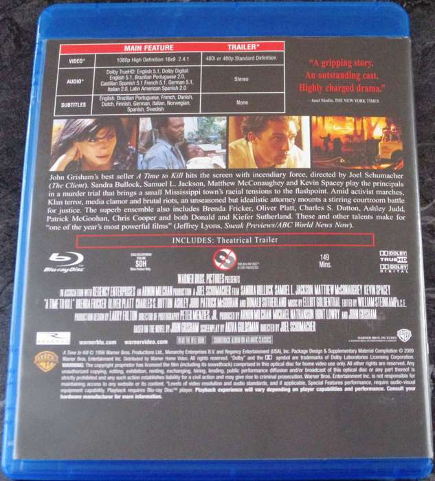 A TIME TO KILL BLU RAY Sandra Bullock Samuel L Jackson