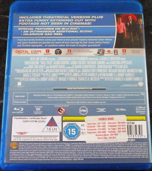 HALL PASS Enlarged Edition BLU RAY Own Wilson Jason Sudeikis