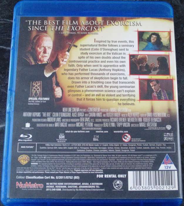 THE RITE BLU RAY Anthony Hopkins