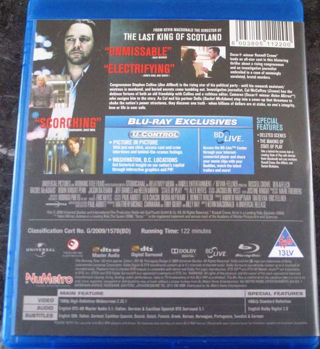 STATE OF PLAY BLU RAY Russell Crowe Ben Affleck