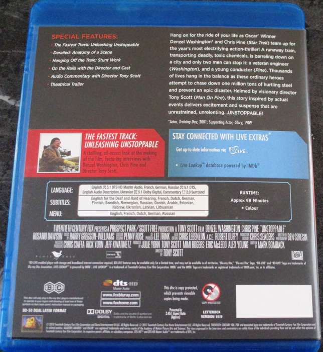Unstoppable BLU RAY Denzel Washington Chris Pine