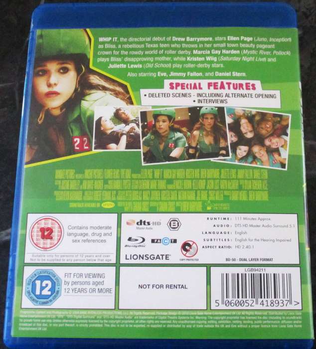 WHIP IT BLU RAY Ellen Page Drew Barrymore