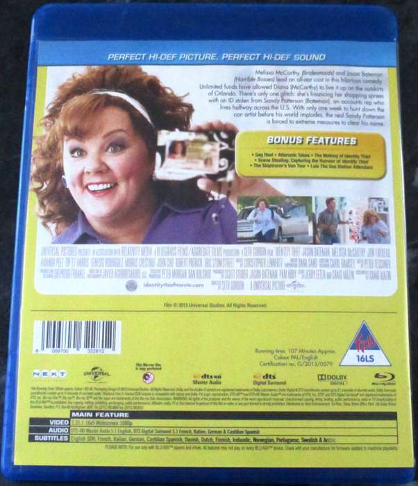 IDENTITY THIEF BLU RAY Melissa McCarthy Jason Bateman