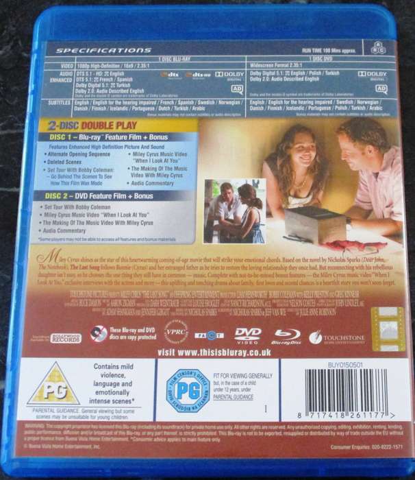 THE LAST SONG BLU RAY + DVD Miley Cyrus Liam Hemsworth