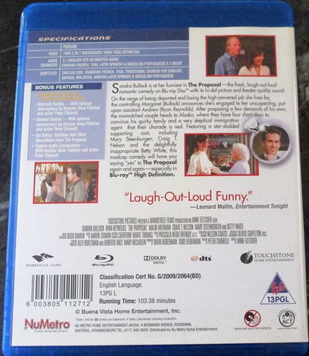 THE PROPOSAL BLU RAY Sandra Bullock Ryan Reynolds
