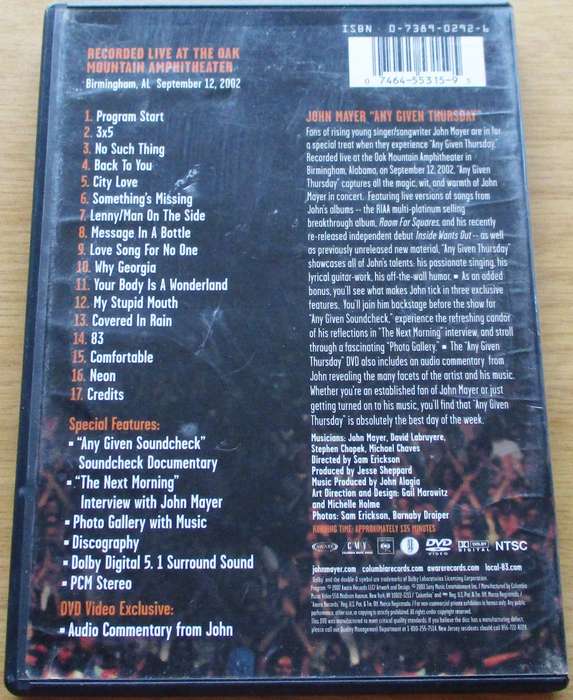JOHN MAYER Any Given Thursday DVD