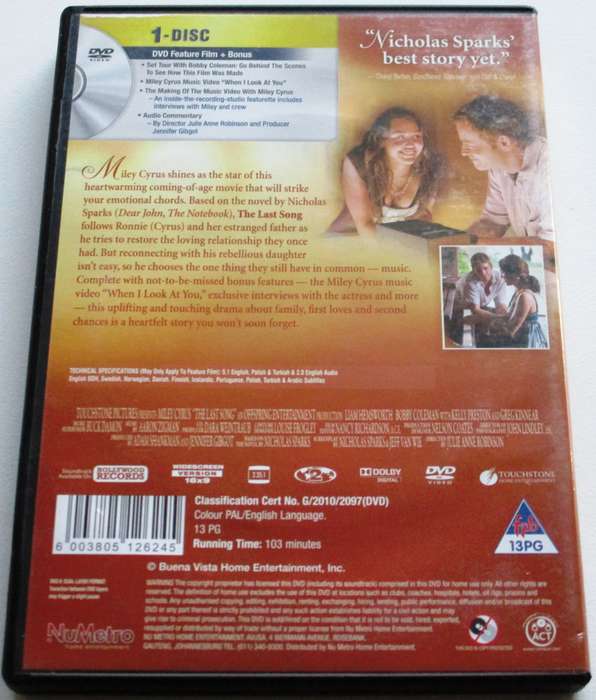 THE LAST SONG Miley Cyrus Liam Hemsworth DVD [BBOX 1]
