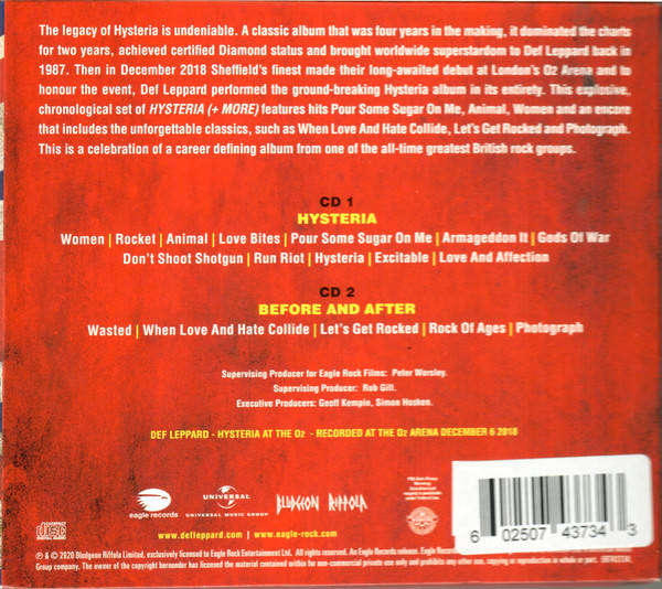 DEF LEPPARD Hysteria at the O2 2xCD Digipak
