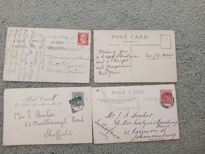 4 LOVELY EARLY 1900`s POST CARDS MOSTLY TO S.A. BUY NOW`S GETS FREE CARD