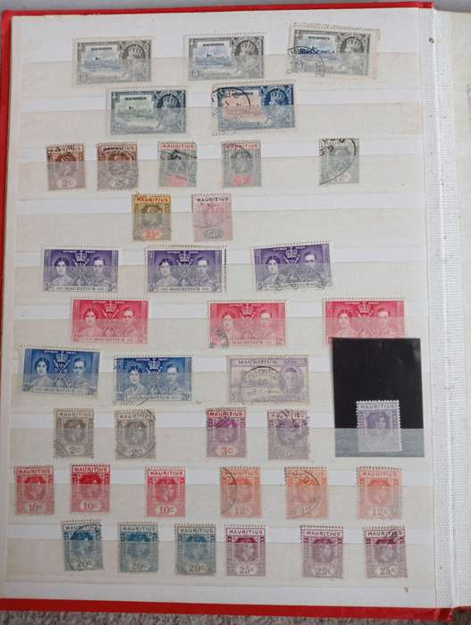MAURITIUS AND SEYCHELLES IN A STOCK BOOK-MANY EARLY USEFUL,KGVI SEYCHELLES HAS TONING -CONDITION ISS