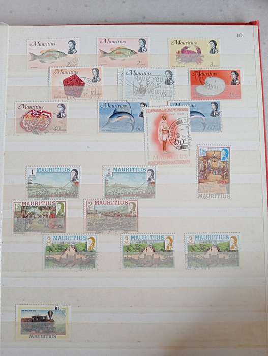 MAURITIUS AND SEYCHELLES IN A STOCK BOOK-MANY EARLY USEFUL,KGVI SEYCHELLES HAS TONING -CONDITION ISS