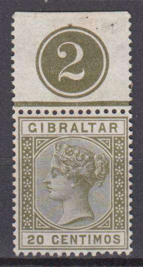 GIBRALTAR- QV SG25 SCARCE  plate single umm-h.r. in margin