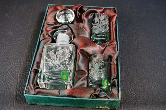 Vintage Collins Crystal Etched Clan Oban Drinks Set In Original Box **Great Condition**