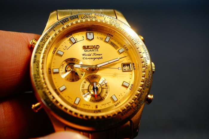 SEIKO World Timer 6M15-9011 38mm Quartz Chronograph Alarm Watch