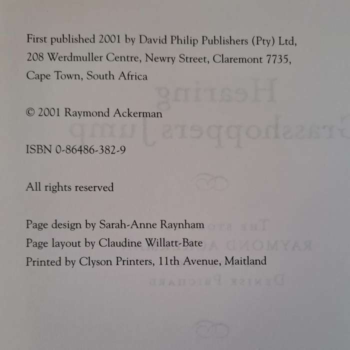Hearing Grasshoppers Jump. - Raymond Ackerman (Hardcover with DJ) (Signed by Author)