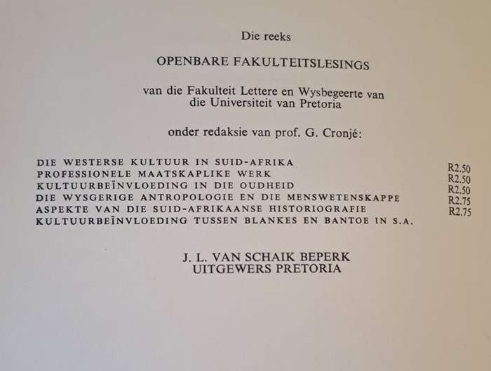 Kultuurbei nvloeding tussen Blankes en Bantoe in S.A. Prof. G. Cronje (hard cover with no dj)