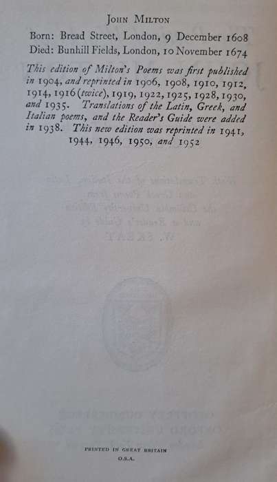 The Poetical Works of John Milton (hard cover with no dj)