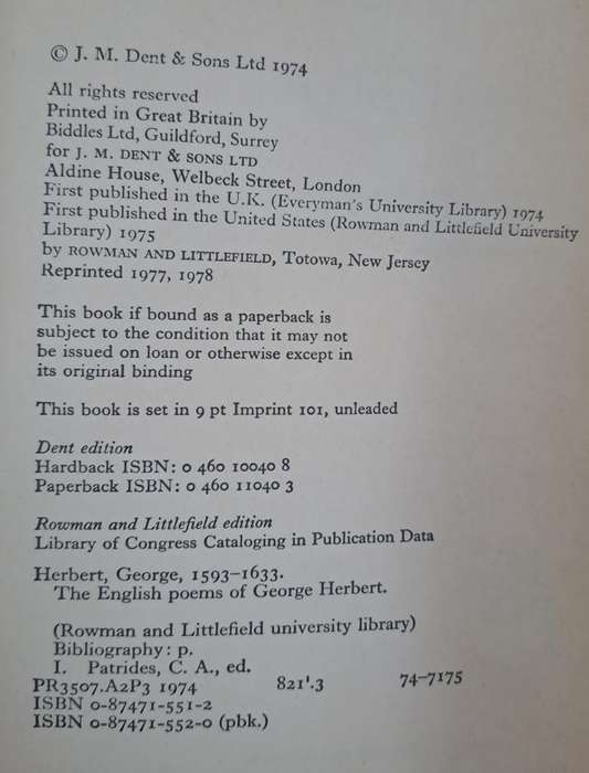 The English poems of George Herbert - Dent Rowman (paperback)