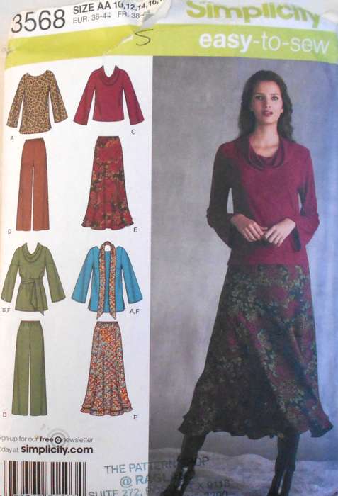 SIMPLICITY 3568 TOP-PANTS-SKIRT-SASH-SCARF SIZE 10-8 TOP CUT TO 10 SKIRT & PANTS UNCUT