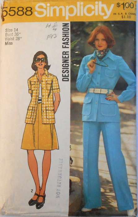 VINTAGE SIMPLICITY 5588 SHIRT JACKET-SKIRT-PANTS SIZE 14 BUST 36 COMPLETE-PANTS & SKIRT UNCUT