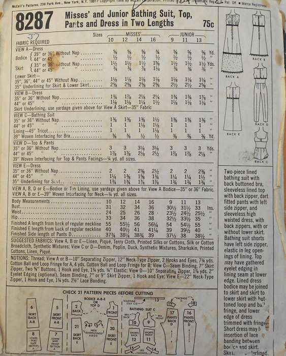 VINTAGE McCALLS 8287 BATHING SUIT-TOP-PANTS-DRESS SIZE 12 BUST 32 SEE LISTING