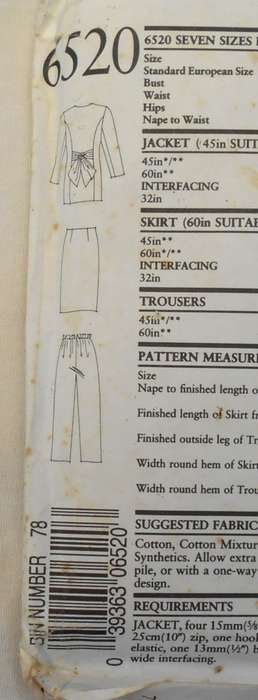 NEW LOOK PATTERNS 6520 JACKET WITH TIEBACK-SKIRT-PANTS SIZE 6-18 COMPLETE-PART CUT TO 14