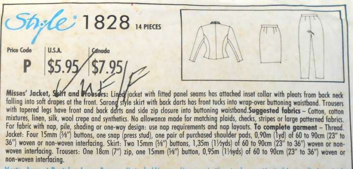 STYLE 1828 JACKET-SKIRT-PANTS SIZE 6-18 COMPLETE-UNCUT-F/FOLDED