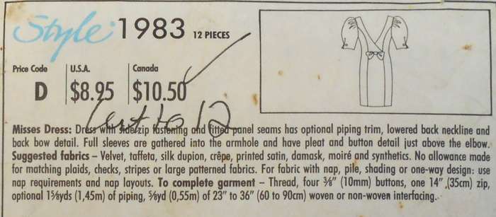 STYLE 1983 DRESS WITH V NECK BACK & PUFF SLEEVES SIZE 6-16 COMPLETE-CUT TO 16