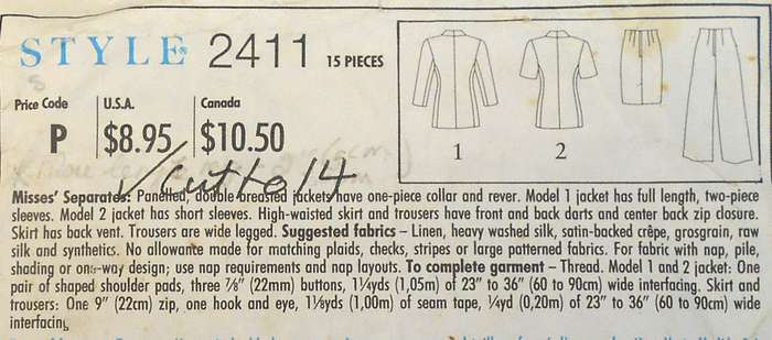 STYLE 2411 DOUBLE BREASTED JACKET-SHORT/LONG SLEEVES-SKIRT-PANTS SIZE 8-18 COMPLETE-CUT TO 14