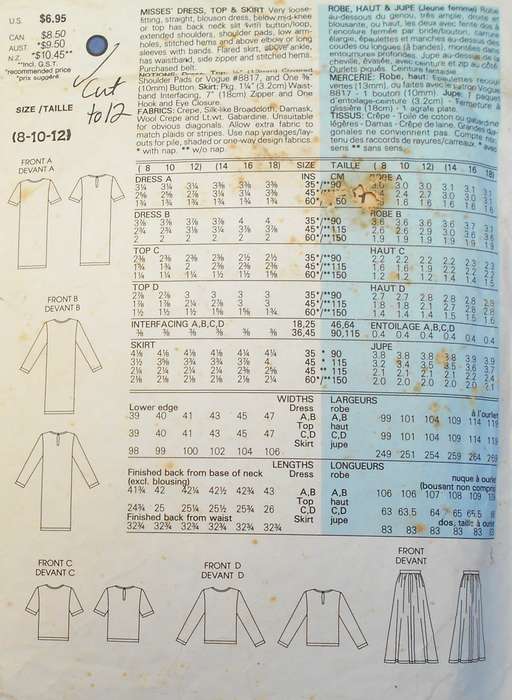 VOGUE 1831 DRESS -TOP-SKIRT SIZE 8-10-12 COMPLETE CUT TO 12